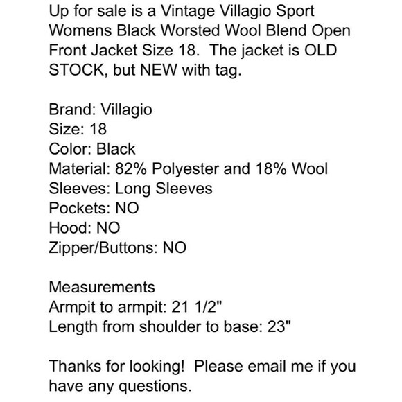 Vintage Villagio Womens Black Worsted Wool Blend Open Front Jacket Size 18 New - Picture 7 of 7